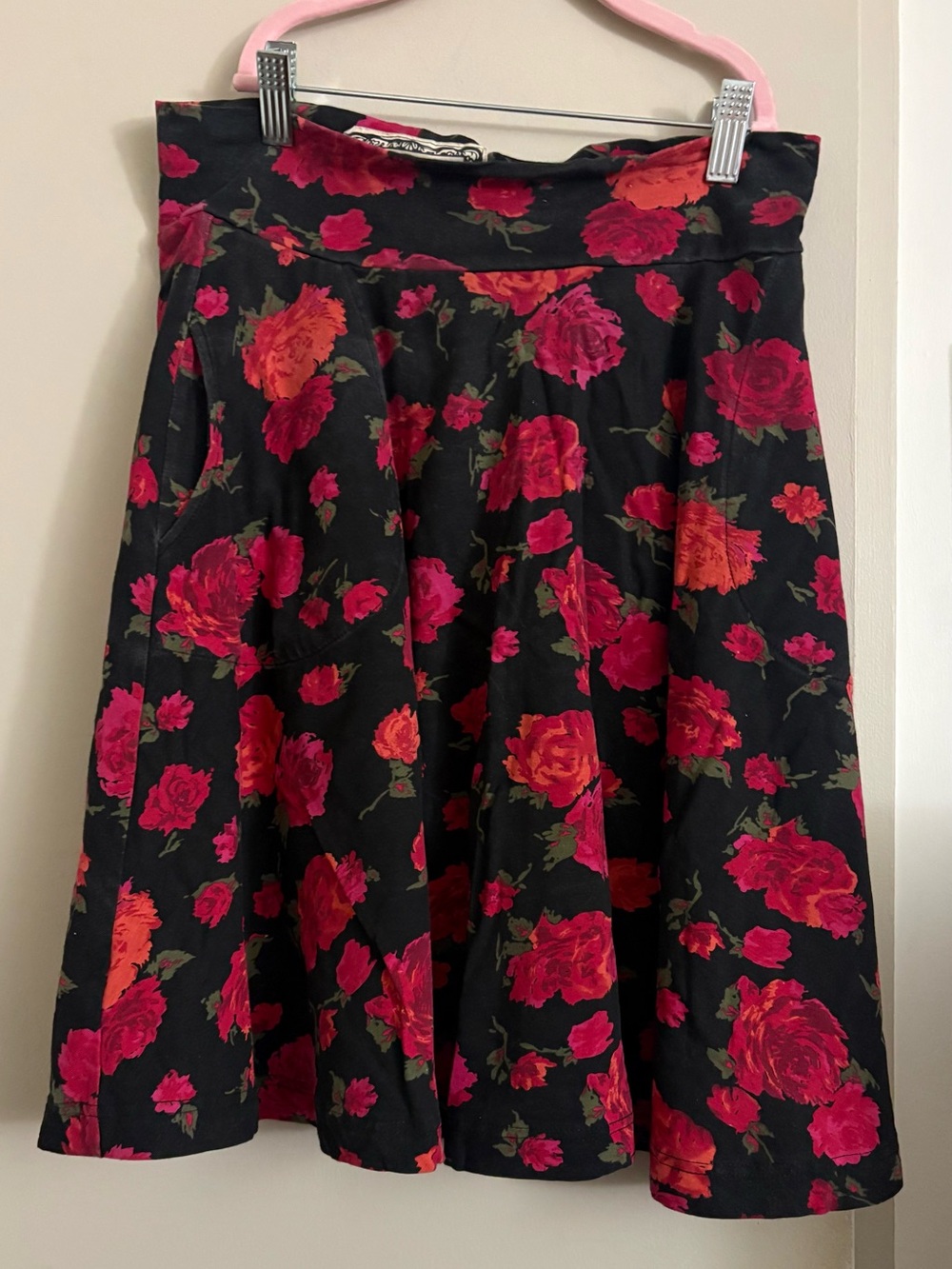 Black Floral A-Line Skirt with Red & Pink Roses